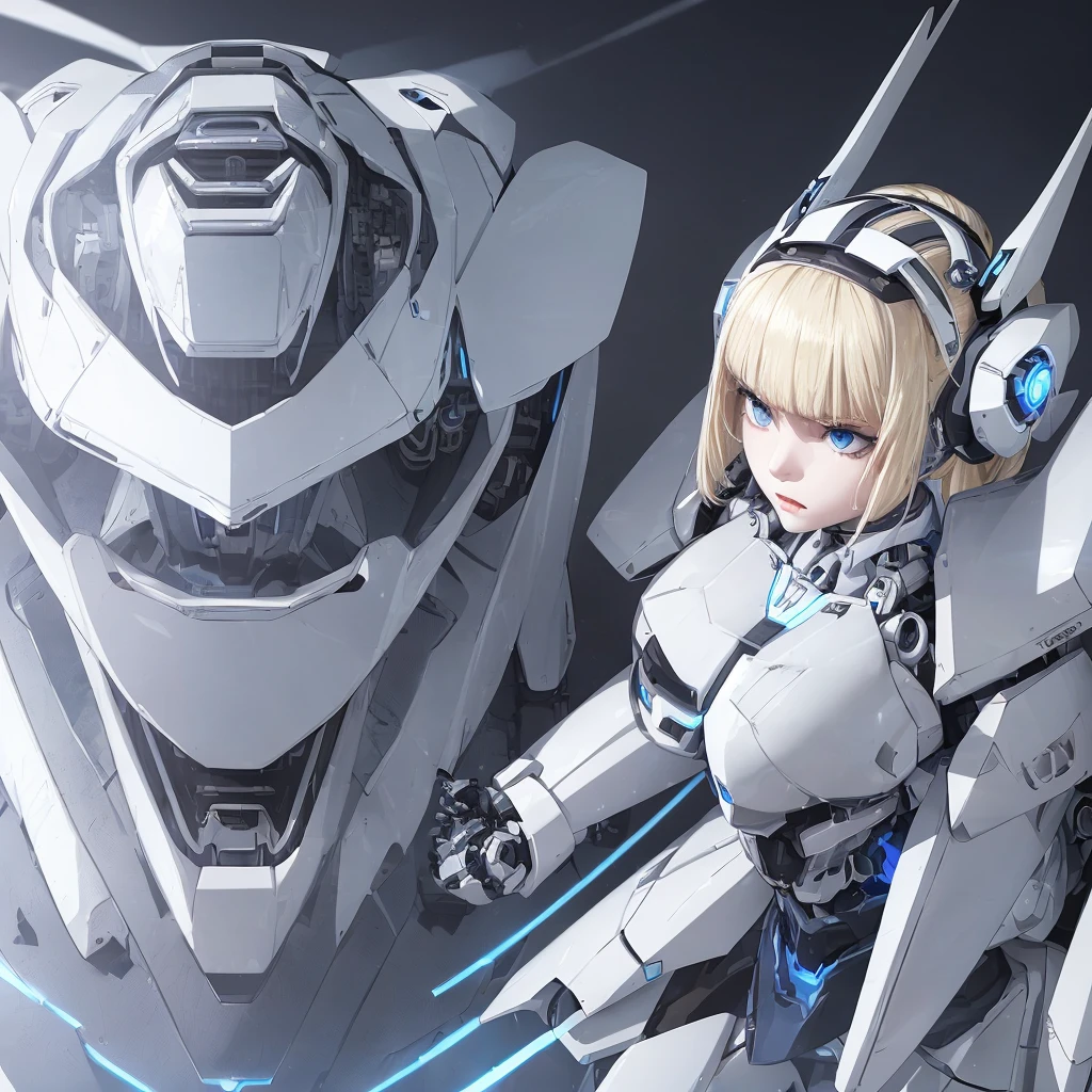 a girl with a full white cyborg body, featuring sleek and high-tech components. She has beautiful blonde ponytail and bangs, blue eyes, and an angry expression. with her polished mechanical limbs and torso emphasizing her intense emotions. ((white robot mecha headgear)), ((white cyborg body)), headband