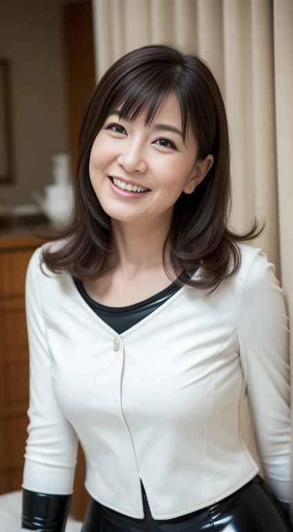 masterpiece,Highest quality, (Dear. clerk:1), (long range shooting)), Large pelvis,1.8 meters high, smile,latex wear,Long legs,Hyper detail on skin,Cleans pores,Panoramic View,Tilt your hips,Black Lens Stockings,40 years old, Noble and elegant Japanese women, Perfect Face, Great look, (Detailed facial features), It looks nice and clean too,Realistic, Sharp focus, Wavy Hair, Wrinkles around the eyes,
