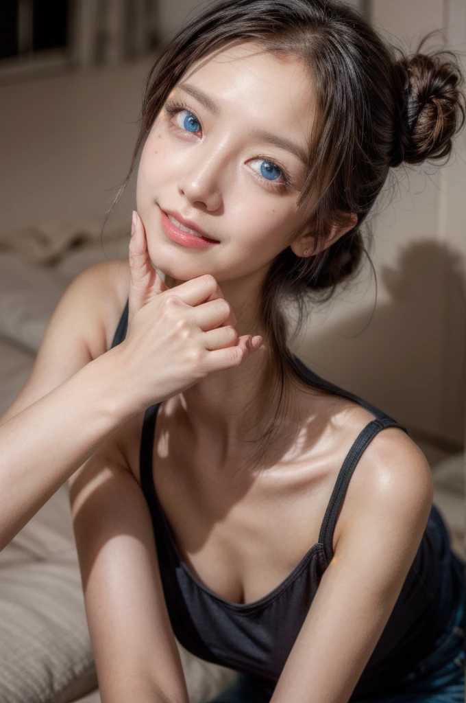 masterpiece, best quality, ultra-detailed,
(realistic:0.2), CG, 4k, 8k, illustration, natural lighting,
(beautifuly detailed background :1.1),(perfect anatomy, correct limb, correct finger),
(beautifuly detailed cute), (beautifuly detailed eyes),
(beautifuly detailed oily skin,medium breasts :1.1),
(glowing eyes:1.2), (Slender:1.3),
(1girl, solo), (depth of field), 
smile, blush, looking at viewer, ((looking up:1.2)), from above, (__output__), blue eyes, black hair, bangs, hair bun, outstretched hand, lips, foreshortening
