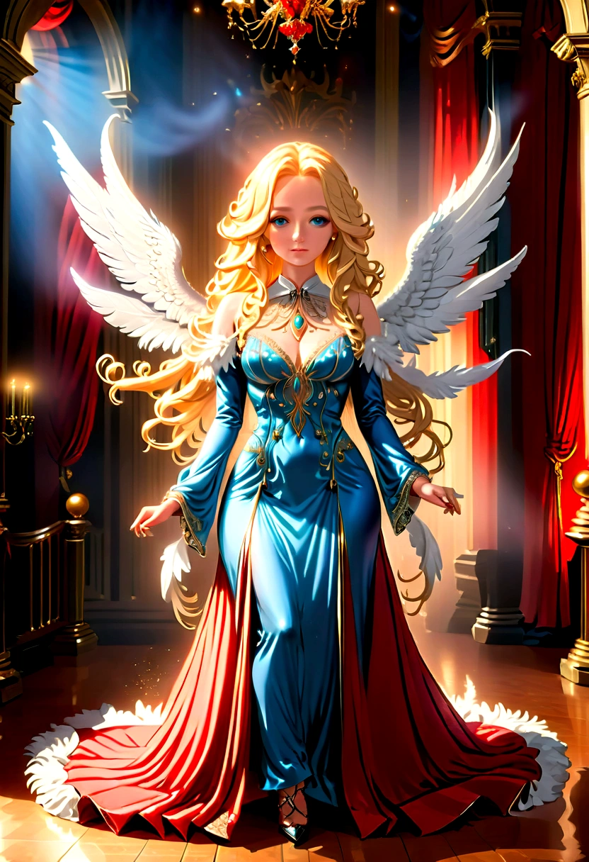 Arafed, a picture of a female angel in high society prom event, divine beautiful female angel, blond hair, long hair, flowing hair, the hair glows in a soft light, cerulean eyes, deep light eyes, divine beautiful face, folded white feather wings, she wears a red evening dress, elegant, intricate detailed dress, silk dress, she wears elegant high heeled boots, exquisite high heeled boots, high society ball room background, dynamic angle, soft torch light, (Masterpiece: 1.5), 16k, highres, best quality, high details, ultra detailed, masterpiece, best quality, (extremely detailed), AngelStyle, GlowingRunesAI_paleblue