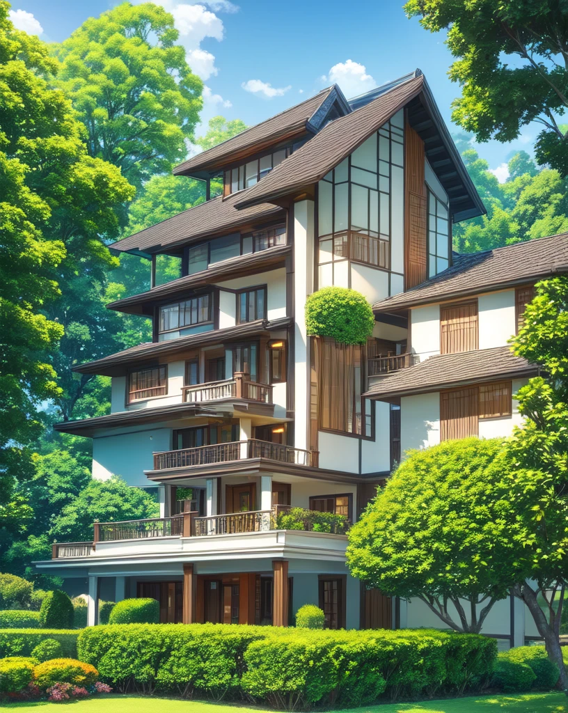 the exquisite beauty of classic-modern style house with nature, realistic, professional, vivid colors, soft lighting, landscapes, detailed trees, colorful garden, beach, gentle breeze, clear blue sky, the sunlight filters through the leaves of the tree, vibrant hues, natural tranquility, lush greenery,