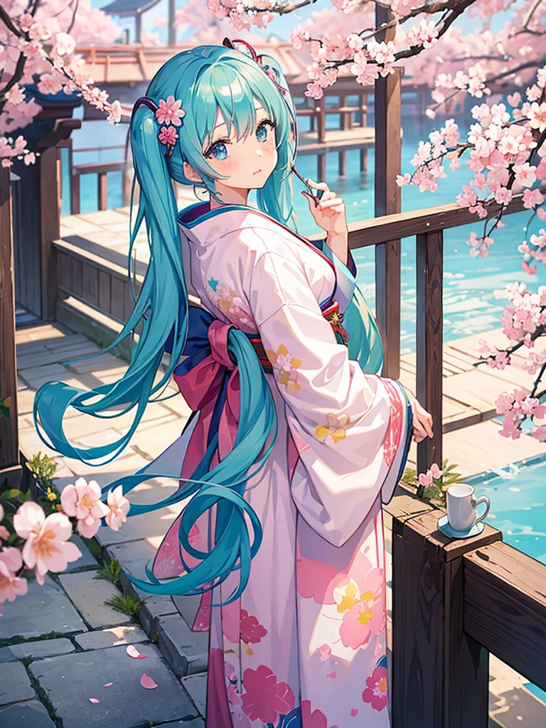 masterpiece、best image quality、超A high resolution、miku hatsune、blue hair、twin tails、blush、Cute and shy、kimono、Kyoto、Japan、daytime、cherry blossoms、cherry blossomsの花びらが舞う、a shower of cherry blossoms、spring