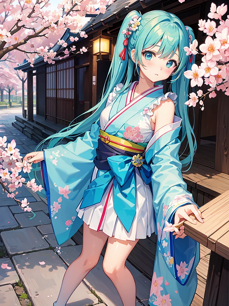 masterpiece、best image quality、超A high resolution、miku hatsune、blue hair、twin tails、blush、Cute and shy、kimono、Kyoto、Japan、daytime、cherry blossoms、cherry blossomsの花びらが舞う、a shower of cherry blossoms、spring