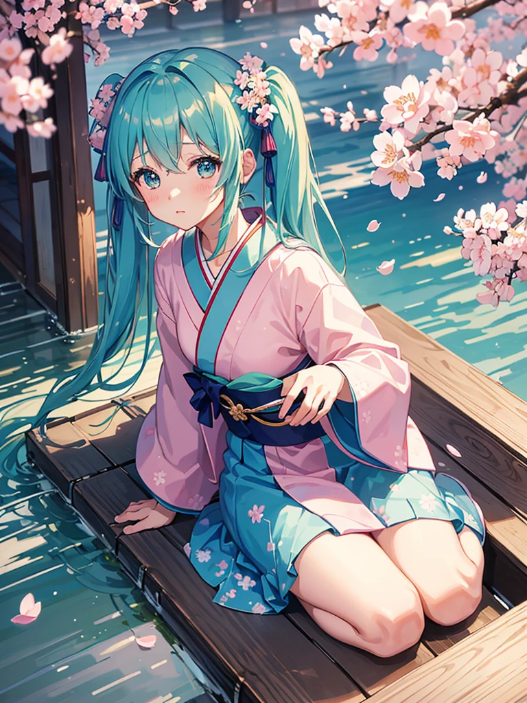 masterpiece、best image quality、超A high resolution、miku hatsune、blue hair、twin tails、blush、Cute and shy、kimono、Kyoto、Japan、daytime、cherry blossoms、cherry blossomsの花びらが舞う、a shower of cherry blossoms、spring