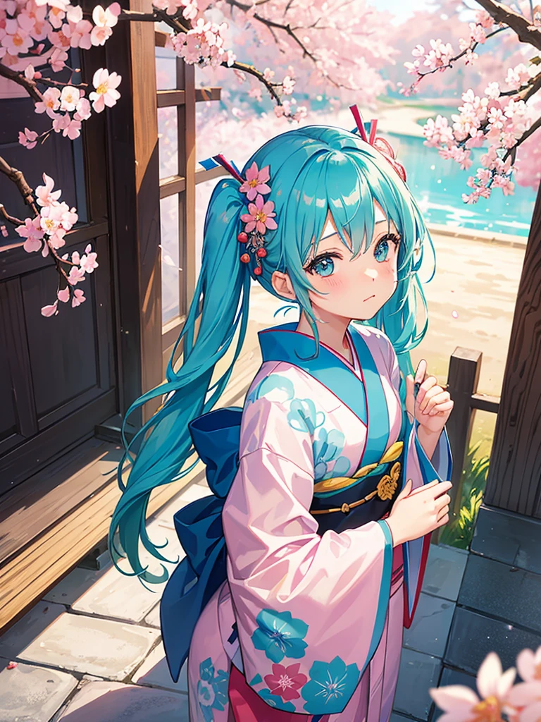 masterpiece、best image quality、超A high resolution、miku hatsune、blue hair、twin tails、blush、Cute and shy、kimono、Kyoto、Japan、daytime、cherry blossoms、cherry blossomsの花びらが舞う、a shower of cherry blossoms、spring