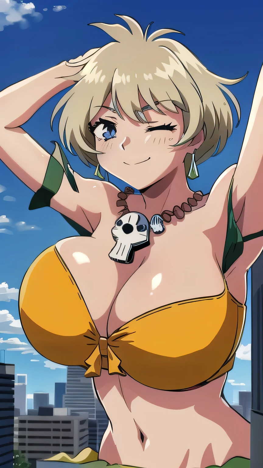gigantic breasts,bursting breasts,cleavage cutout,cute smile,shy,one eye closed,cosplay as Mii giantess,walk around city ,masterpiece, best quality, 1girl, mii, blonde hair, short hair, blue eyes, earrings, necklace, dark skin, bikini, large breasts, cleavage, upper body, smile, sketch, looking at viewer, simple background, retro artstyle, 1980s \(style\), 1990s \(style\),man in between breasts,dance
