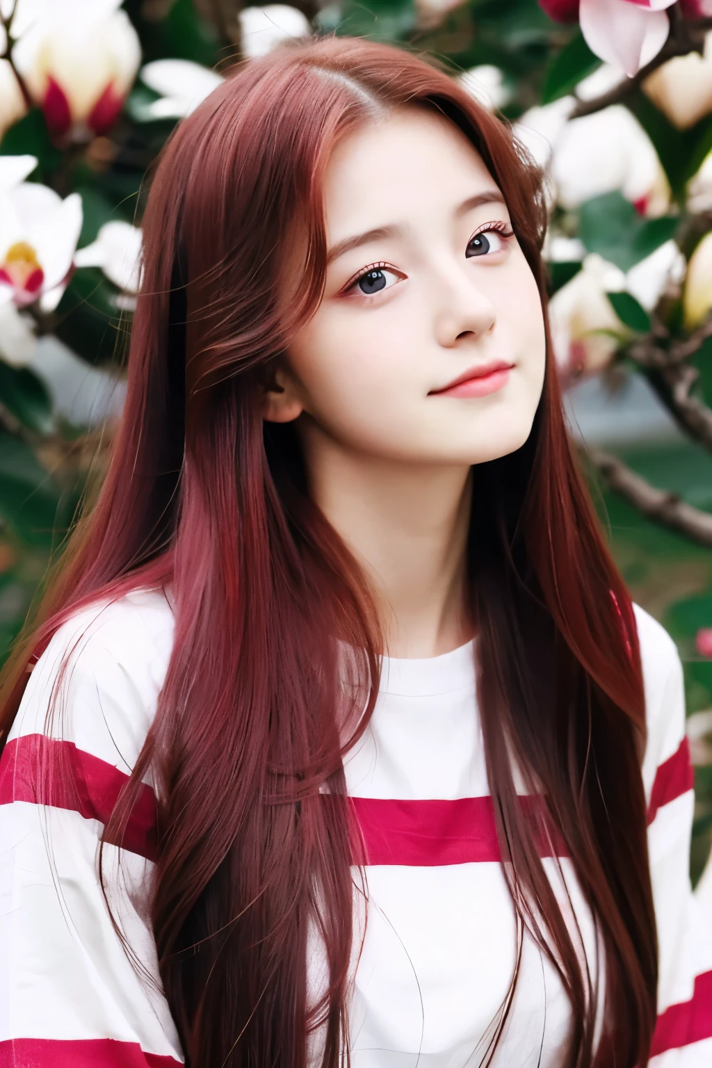 A 18-years old girl,Long tidy red hair,Magenta eyes,magnolia flowers on hair,Casual long sleeves outfits,Japanese + korean,beautiful face,Perfect,Tall,Sweet face