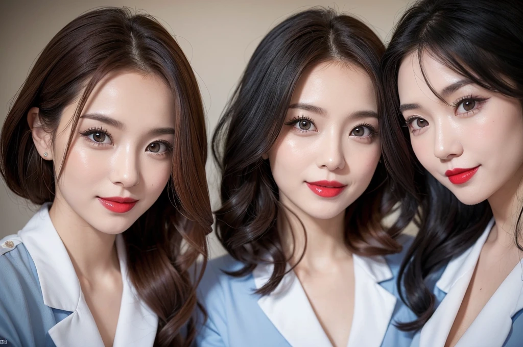 two sexy women in midwife outfits, various hair colors and hairstyles, cute smiles, black lipsticks, portrait, close up faces, view from below
