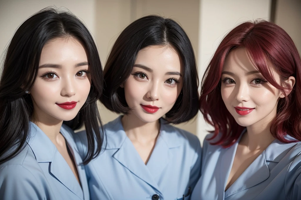 two sexy women in midwife outfits, various hair colors and hairstyles, cute smiles, black lipsticks, portrait, close up faces, view from below