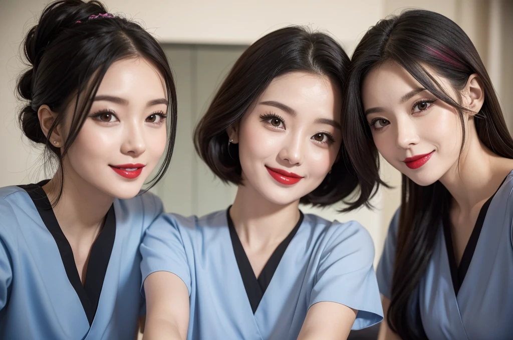 two sexy women in midwife outfits, various hair colors and hairstyles, cute smiles, black lipsticks, portrait, close up faces, view from below