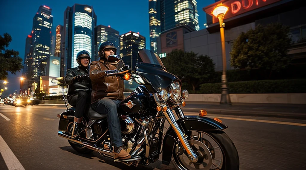 evening、A low-angle view of a middle-aged man riding alongside another man on a Harley Davidson