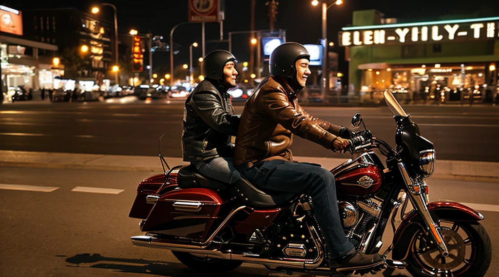 evening、A low-angle view of a middle-aged man riding alongside another man on a Harley Davidson