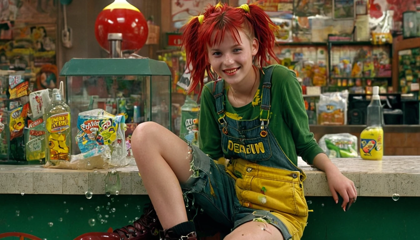 Young girl sitting on top of a shopping counter.  Character: young girl of twelve years old, smiling, smoking, crazy, pale.   Clothing: dark boots, torn socks, old yellow overalls.   Appearance: red hairstyle with green and yellow highlights, sad light eyes, flushed cheeks, , messy hair.   Light: low light, dark.   Details: soap bubbles, punk, suspense.   Setting: terror, suspense, horror.    Full HD based on: Delirium Endless