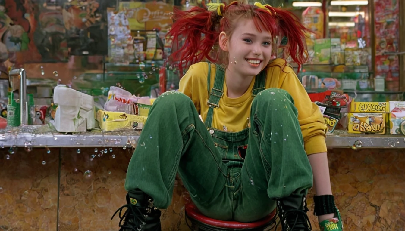 Young girl sitting on top of a shopping counter. Character: young girl of twelve years old, smiling, smoking, crazy, pale. Clothing: dark boots, torn socks, old yellow overalls. Appearance: red hairstyle with green and yellow highlights, sad light eyes, flushed cheeks, , messy hair. Light: low light, dark. Details: soap bubbles, punk, suspense. Setting: terror, suspense, horror. Full HD based on: Delirium Endless