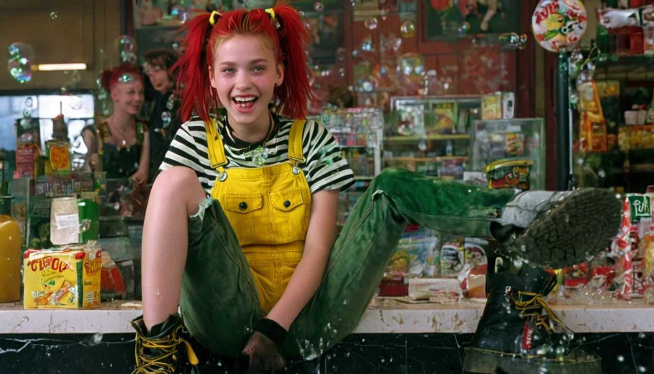 Young girl sitting on top of a shopping counter. Character: young girl of twelve years old, smiling, smoking, crazy, pale. Clothing: dark boots, torn socks, old yellow overalls. Appearance: red hairstyle with green and yellow highlights, sad light eyes, flushed cheeks, , messy hair. Light: low light, dark. Details: soap bubbles, punk, suspense. Setting: terror, suspense, horror. Full HD based on: Delirium Endless