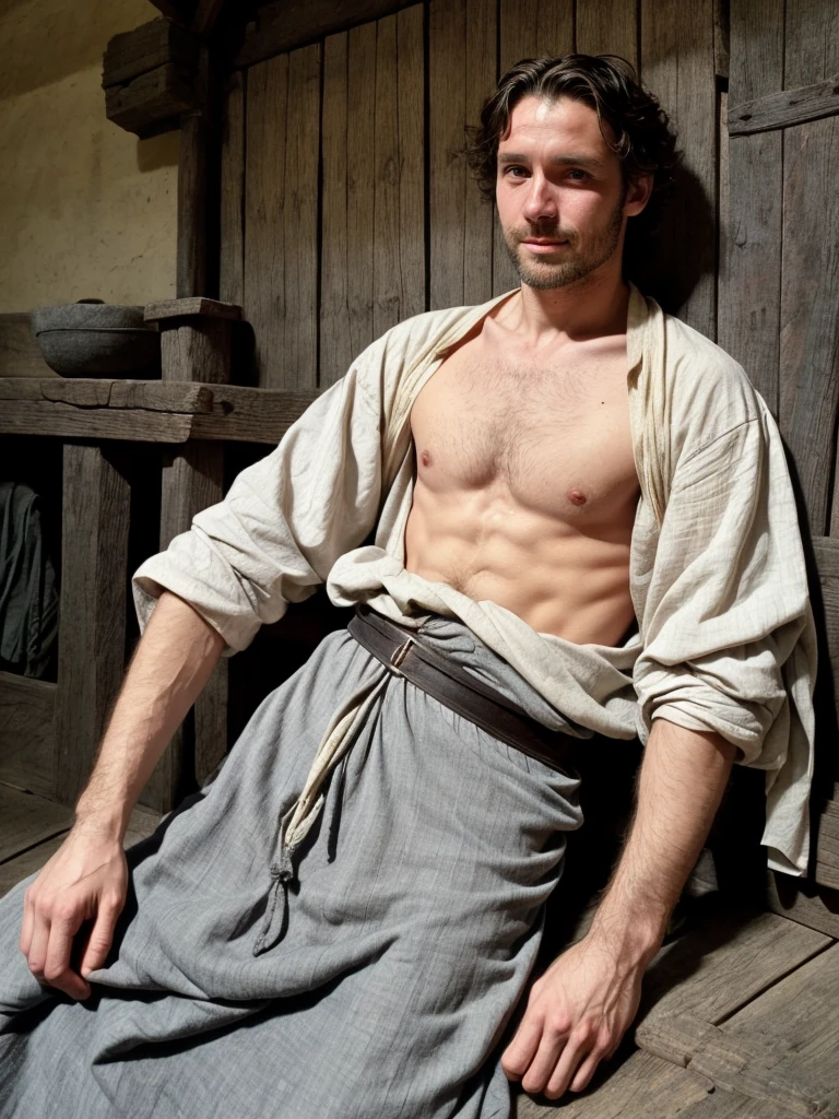 A sexy man, 15th centuries ,wearing old and worn-out peasant clothes, handsome face, mediaeval period,black hair , , looking at camera, seductively