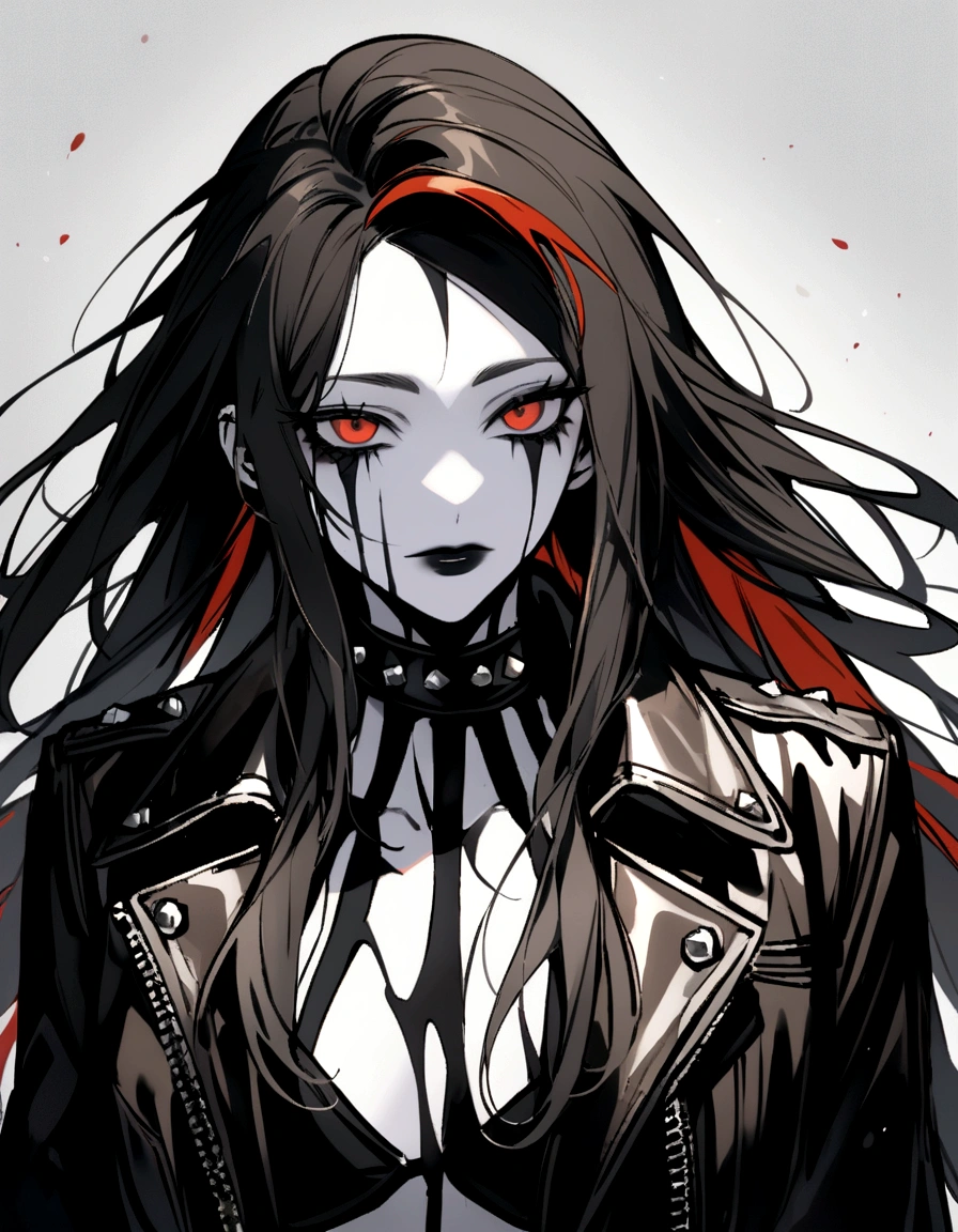 a female character, long hair with trimmed bangs, vermillion hair. The background is greyish white. The character's face is confident, with pale skin and corpse paint. She wears a dark-colored leather jacket with studs.