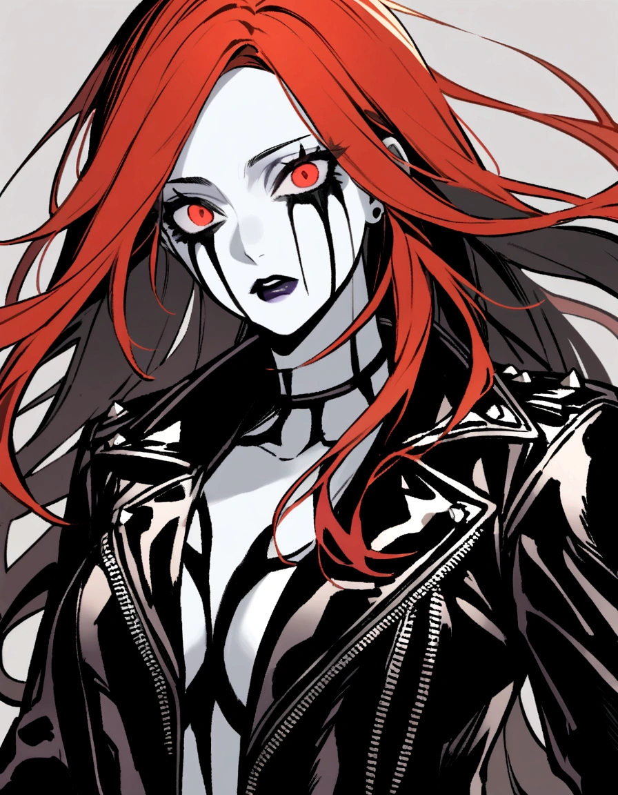 a female character, long hair with trimmed bangs, vermillion hair. The background is greyish white. The character's face is confident, with pale skin and corpse paint. She wears a dark-colored leather jacket with studs. 