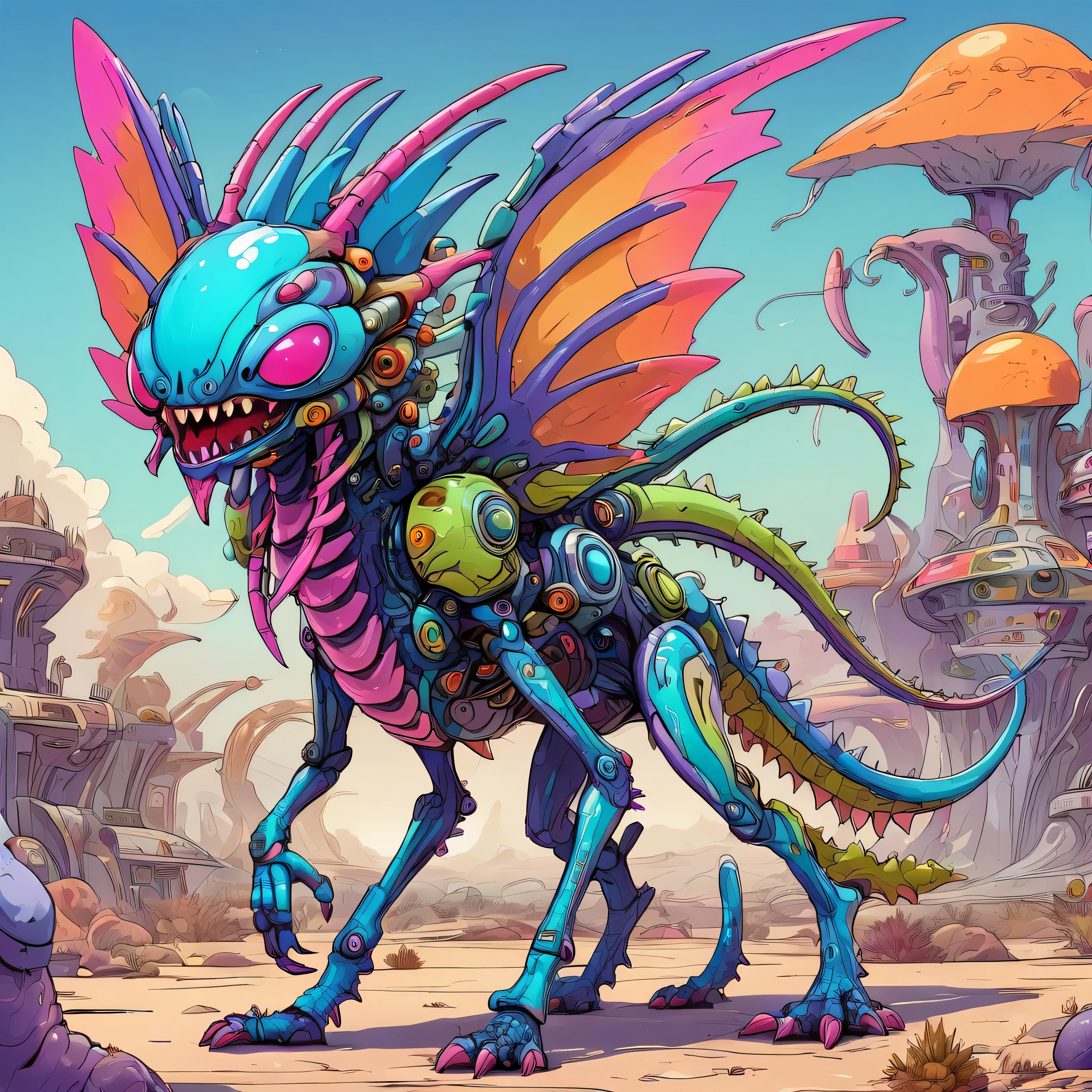 a small bizarre and strange looking part mechanical brightly coloured alien. Showing the entire, highly detailed body from the side. The entire picture is full of details.  Strange alien landscapes in the background. Big detailed wings and sharp teeth and fangs. a sharp abdominal stinger. tentacles and antennas and multiple eyes. long spiky legs. Scaley segmented body.  Hypnotic and telepathic and psychedelic looking. 