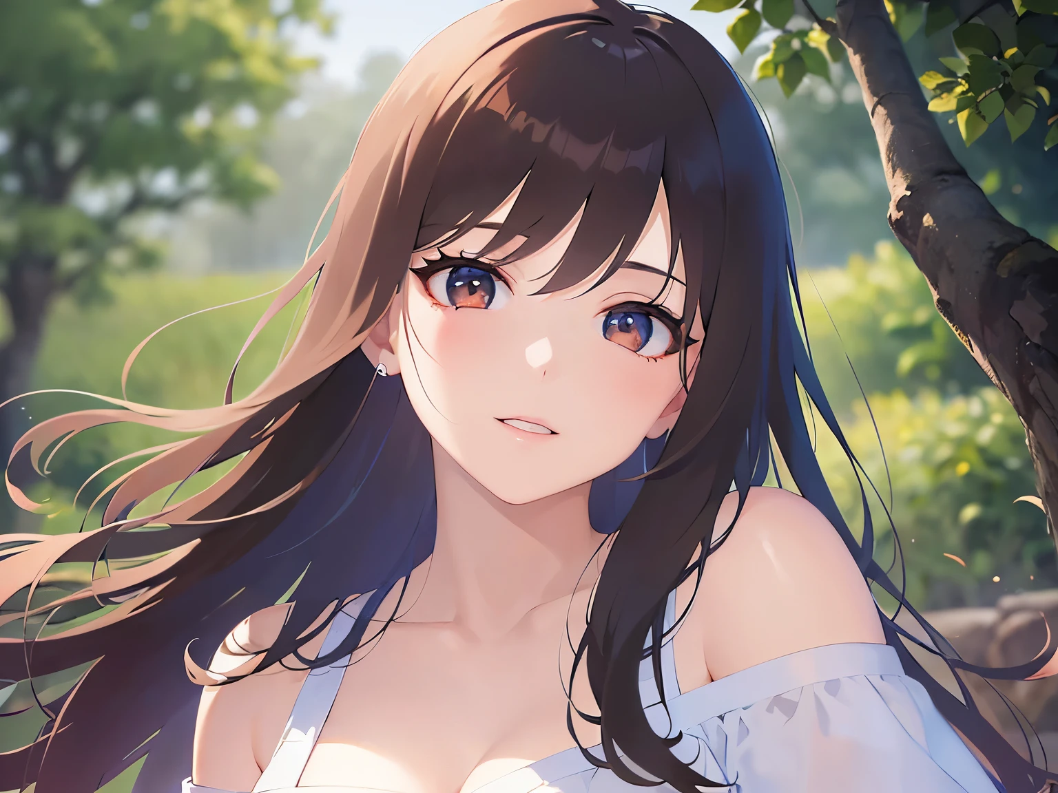 Upper Body, looking at viewer,
Realistic, real person, (pale skin: 1.2), RAW photo, photorealistic, shiny skin, shiny hair、
(A 25-year-old woman with medium-length hair and bangs) and (wavy hair) and (brown hair) and (orange eyes) smile,
, (white) and (off shoulder blouse):White off-shoulder blouse。 、
The background is a park、Smiling