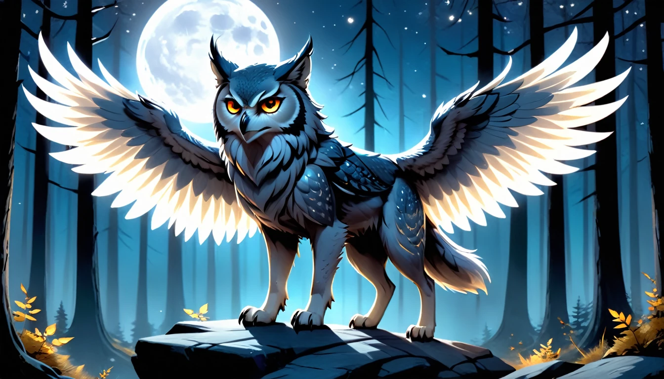 Majestic magical creature with a wolf-like body and soft silver fur glowing with moonlight, owl head with large glowing amber eyes, long pointed ears, huge owl wings sprouting from its back, wingspan up to three meters with feathers shimmering in moonlight, powerful wolf-like paws with sharp claws, silver fur and shimmering feathers, wise and all-knowing gaze, ready for flight or hunt, set in a dense forest or rocky mountains under moonlight, subtle glow around the creature, mystical shadows