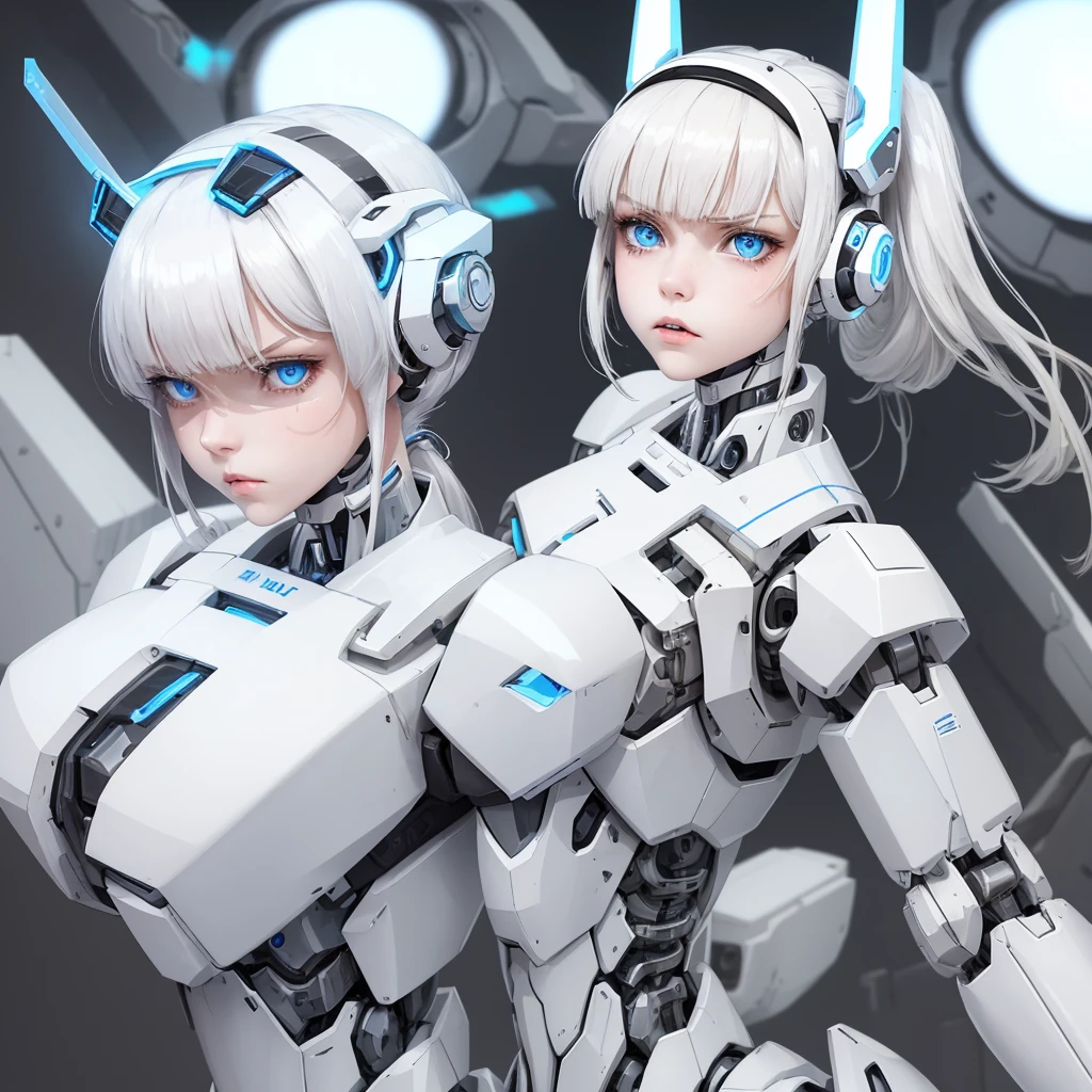 a girl with a full white cyborg body, featuring sleek and high-tech components. She has beautiful blonde ponytail and bangs, blue eyes, and an angry expression. with her polished mechanical limbs and torso emphasizing her intense emotions. ((white robot mecha headgear)), ((white cyborg body)), headband