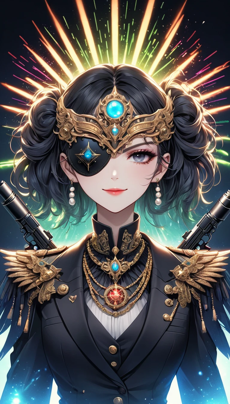 (Digital Illustration,Detailed anime style,Heavy Metal Cyberpunk,Pearl tassel eye mask,Girl wearing an eye patch holding a gun in both hands,Queen aura,Solitary,symmetry),(Fashionable and exquisite facial features,Exquisite makeup,Smooth skin,Smile,an eye),(Hair Bunch),(Black suit,Epaulettes-Chain,cool,),(((Correct human anatomy))),Radioactive geometric dynamic light wave background,Top fireworks