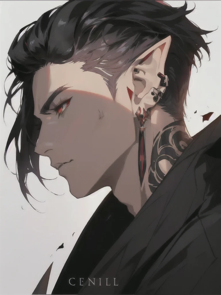 anime character with ear piercings and a black jacket, handsome guy in demon slayer art, a portrait of a male elf, handsome japanese demon boy, pale pointed ears, male anime character, a male elf, attractive humanoid, stunning anime face portrait, in the style of guweiz, demon horns, two black devil horns, two horns protruding from hair, large horns, striking appearance, masculine, two horns sticking out from top of head, red eyes