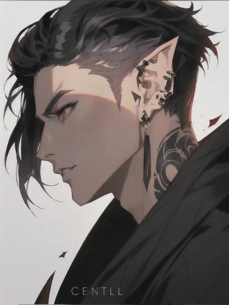 anime character with ear piercings and a black jacket, handsome guy in demon slayer art, a portrait of a male elf, handsome japanese demon boy, pale pointed ears, male anime character, a male elf, attractive humanoid, stunning anime face portrait, in the style of guweiz, demon horns, two black devil horns, two horns protruding from hair, large horns, striking appearance, masculine, two horns sticking out from top of head, red eyes