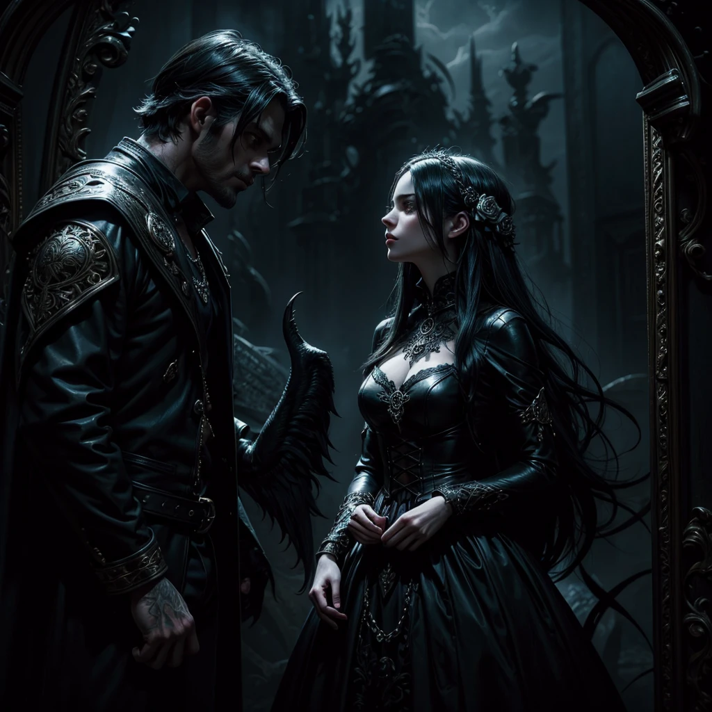 beautiful dark-haired girl, girl with black rose, male devil figure, sinister mysterious environment, intricate details, dramatic lighting, dark fantasy, chiaroscuro, moody atmosphere, painterly style, cinematic composition, rich colors, gothic aesthetic, dramatic shadows, ethereal quality, dark surreal landscape, dramatic clouds, dramatic lighting effects, detailed facial features, intense gaze, alluring expression, flowing dress, ornate accessories, atmospheric background