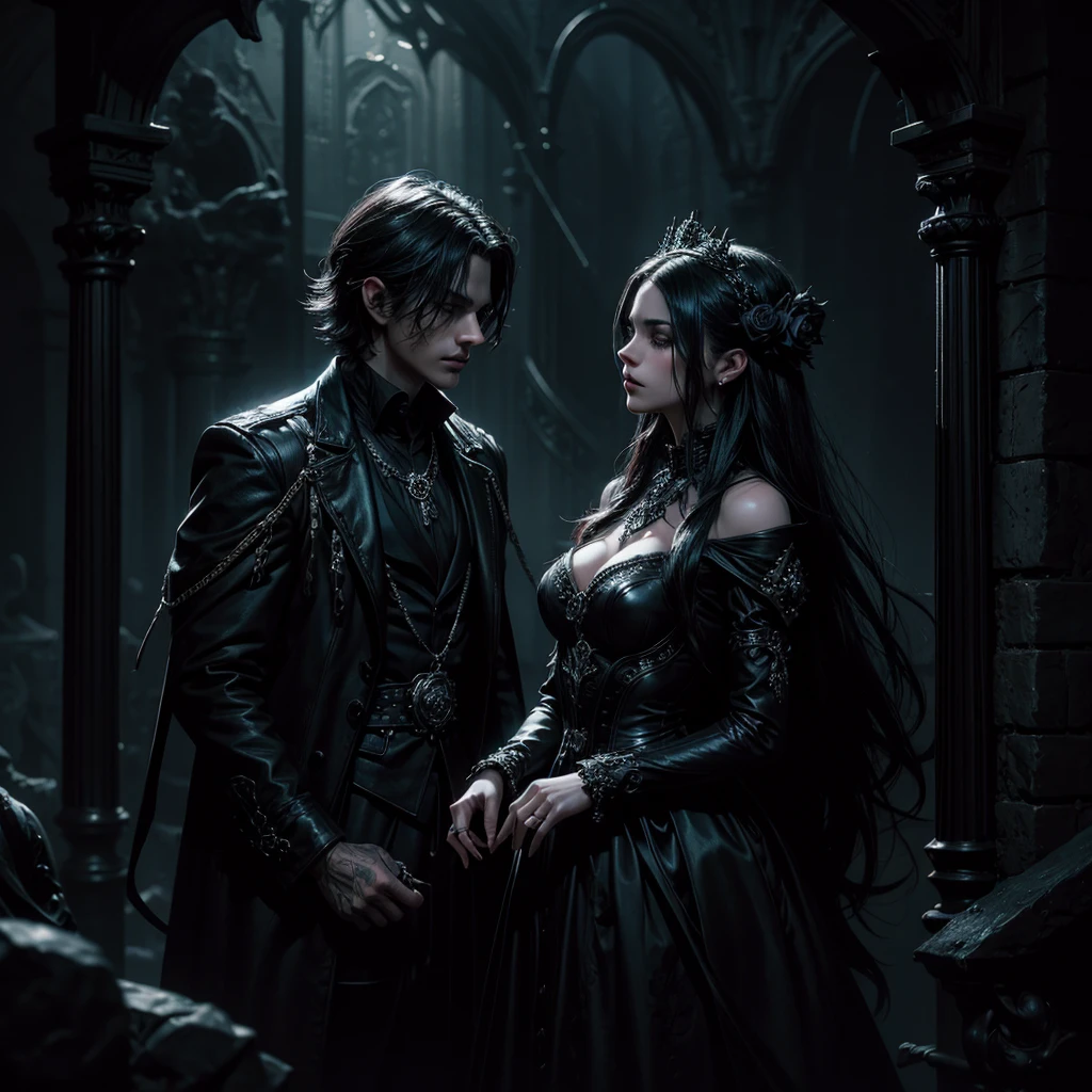 beautiful dark-haired girl, girl with black rose, male devil figure, sinister mysterious environment, intricate details, dramatic lighting, dark fantasy, chiaroscuro, moody atmosphere, painterly style, cinematic composition, rich colors, gothic aesthetic, dramatic shadows, ethereal quality, dark surreal landscape, dramatic clouds, dramatic lighting effects, detailed facial features, intense gaze, alluring expression, flowing dress, ornate accessories, atmospheric background