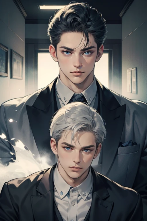 masterpiece, best quality, realistic, 1man, mature male, quiet and charming young man, 37 years old, close his eyes, serious, closed mouth, extremely detailed face, cold, ((dark grey blue eyes)), ((short-right-swept dark white)), [thick eyebrows], (mafia), ((black suit)), accurate, detailed
