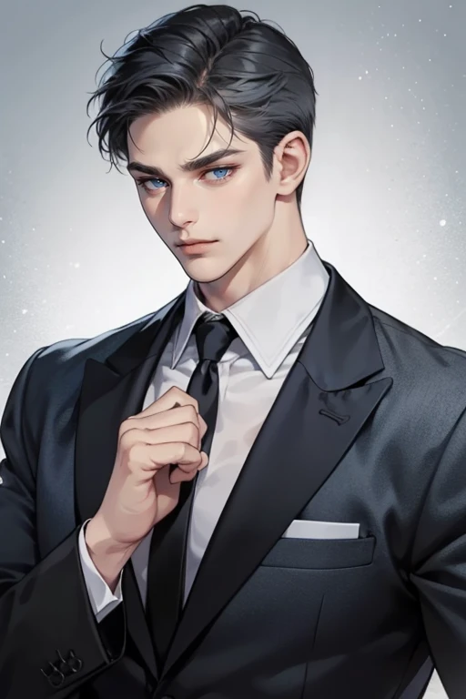 masterpiece, best quality, realistic, 1man, mature male, quiet and charming young man, 37 years old, close his eyes, serious, closed mouth, extremely detailed face, cold, ((dark grey blue eyes)), ((short-right-swept dark white)), [thick eyebrows], (mafia), ((black suit)), accurate, detailed