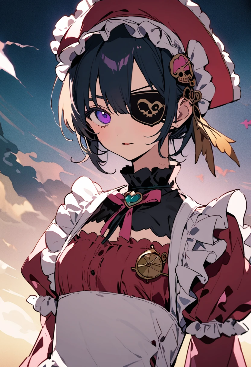 masterpiece, Highest quality, Illustration of the novel, High resolution, 18+ Adult content, Sensual, Intimate, Emotional, Passionate, romantic, sweet, Adorable, Innocent, Pure, Charmな, Charmな, Charm, mysterious, Charmな, Charmな, Immersive, Charmな, dream-like, Surreal, Imaginative, Whimsical, Artistic, Avant-garde, timeless, elegant, Sophisticated, chic, Sophisticated, personality, original, Charmな,((Maid clothes:1.3)),((Loli Pirate:1.3)),((Eye patch:1.3))、((Upper Body:1.3))