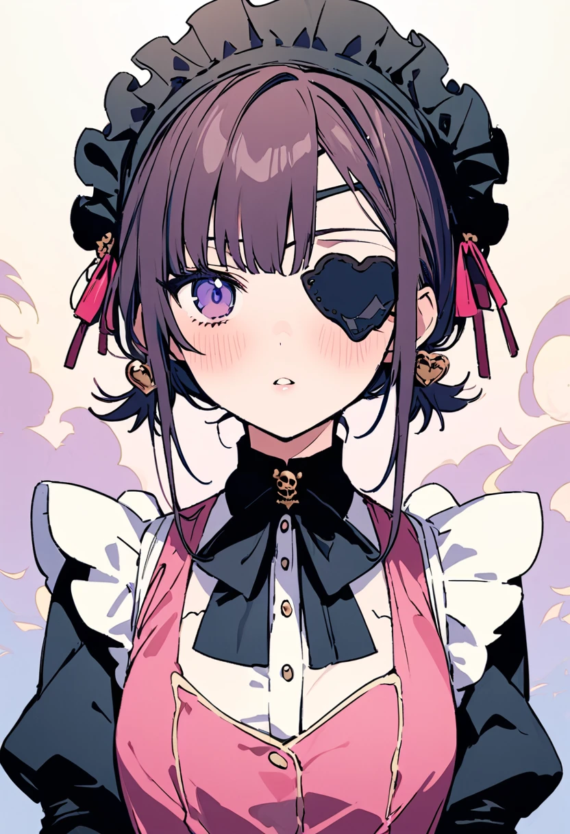 masterpiece, Highest quality, Illustration of the novel, High resolution, 18+ Adult content, Sensual, Intimate, Emotional, Passionate, romantic, sweet, Adorable, Innocent, Pure, Charmな, Charmな, Charm, mysterious, Charmな, Charmな, Immersive, Charmな, dream-like, Surreal, Imaginative, Whimsical, Artistic, Avant-garde, timeless, elegant, Sophisticated, chic, Sophisticated, personality, original, Charmな,((Maid clothes:1.3)),((Loli Pirate:1.3)),((Eye patch:1.3))、((Upper Body:1.3))