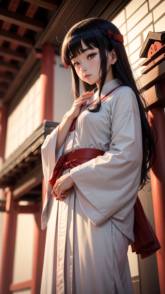 Shrine maiden　pray　front　god々Shii　Less exposure　Black haired adult woman