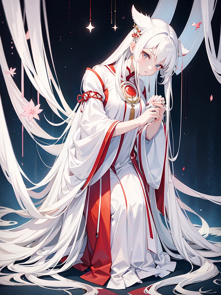 Miko long dress, large breats, pale skin, white hair, long hair, full body, concept art