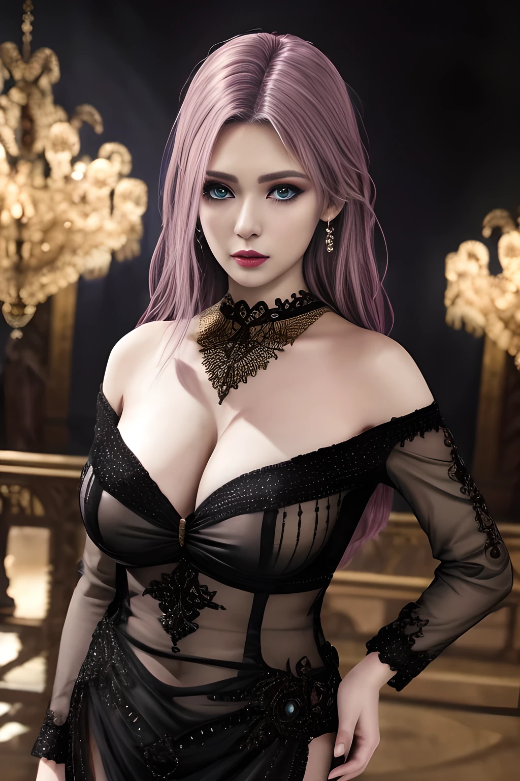 1girl, long sleeves, black dress, off shoulder, bare shoulders, long dress, (see-through), tulle dress,beautiful detailed eyes, beautiful detailed lips, extremely detailed eyes and face, long eyelashes, best quality, 4k, 8k, highres, masterpiece, ultra-detailed, realistic, photorealistic, photo-realistic, ethereal glow, regal elegance, intricate details, luxurious, otherworldly beauty, dark atmospheric background, supernatural aura,  elise,