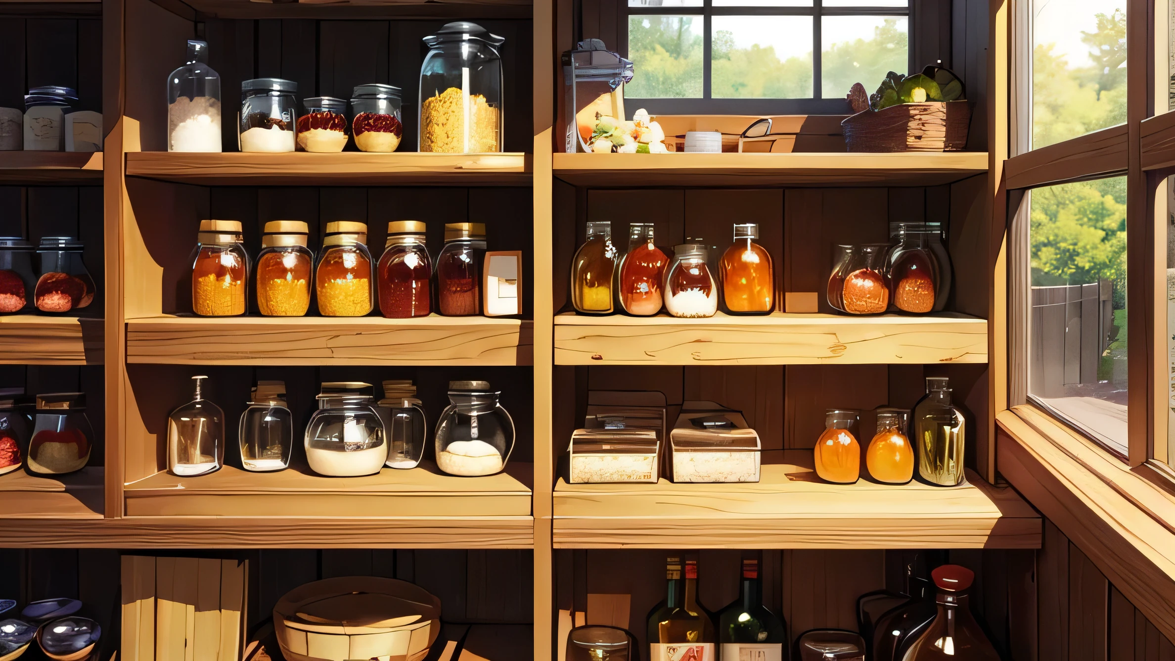 Anime style, cute, wooden shelves, home, flat painted, homemade jam jars, pickle jars, baskets, lined bottles, front view, fruit wine, no background