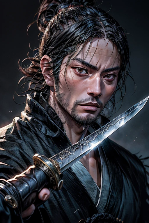 (片目にknifeの鍔のアイパッチを着けた侍:2.0)、Highly detailed face、Beautiful and detailed eyes、Beautiful and detailed lips、Extremely detailed eyes and face、Long eyelashes、No sperm beard、knife、Japanese temple background、Dramatic lighting、Dark and muted colors、Cinematic composition、Digital Art、Hyperrealistic、Photorealistic、8k、Highest quality、masterpiece、bulgeJ8、musashi miyamoto