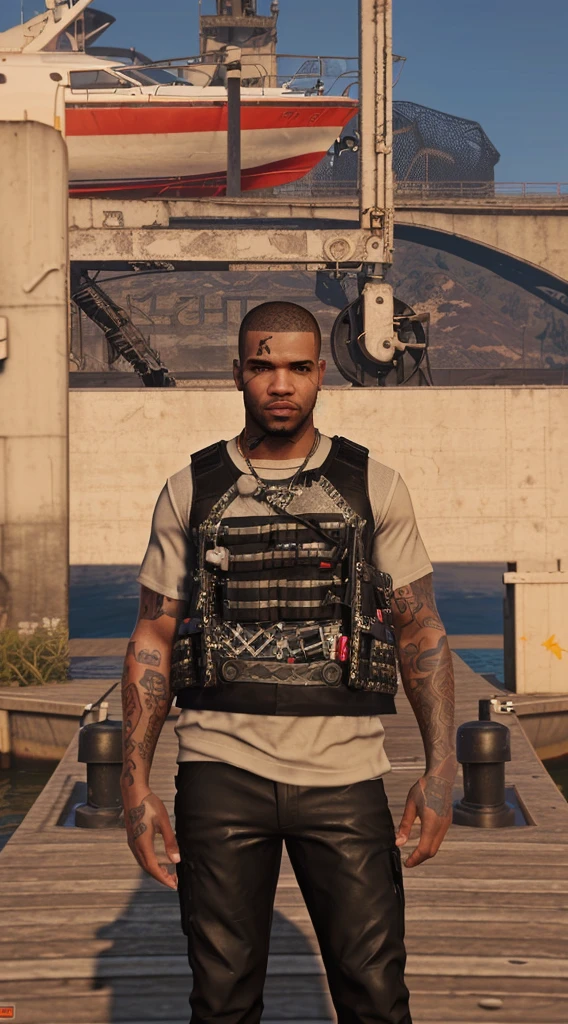 there is a man standing on a dock with a boat in the background, black swat vest, as a character from gtav, gta character, mechanic punk outfit, model is wearing techtical vest, gta 5 skin tone, gta v street style, gta v character, style of gta v, as the protagonist of gta 5, drake in gta v