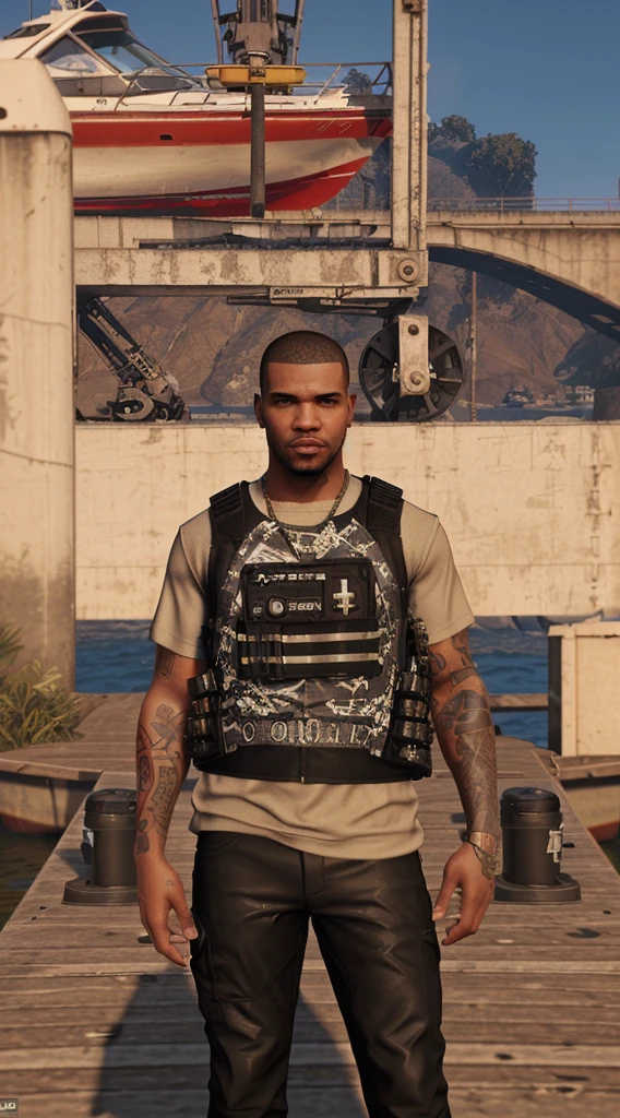 there is a man standing on a dock with a boat in the background, black swat vest, as a character from gtav, gta character, mechanic punk outfit, model is wearing techtical vest, gta 5 skin tone, gta v street style, gta v character, style of gta v, as the protagonist of gta 5, drake in gta v