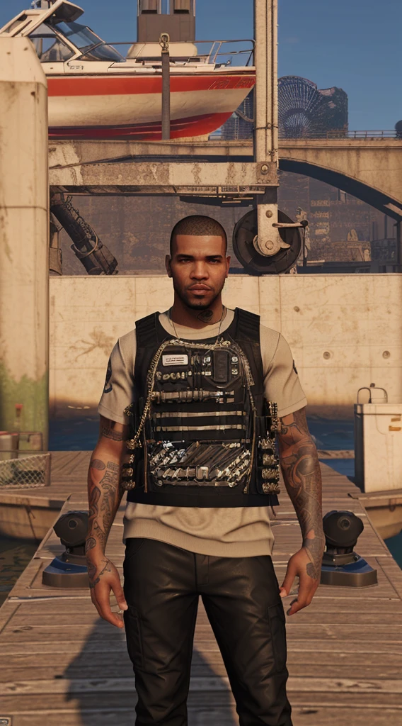 there is a man standing on a dock with a boat in the background, black swat vest, as a character from gtav, gta character, mechanic punk outfit, model is wearing techtical vest, gta 5 skin tone, gta v street style, gta v character, style of gta v, as the protagonist of gta 5, drake in gta v