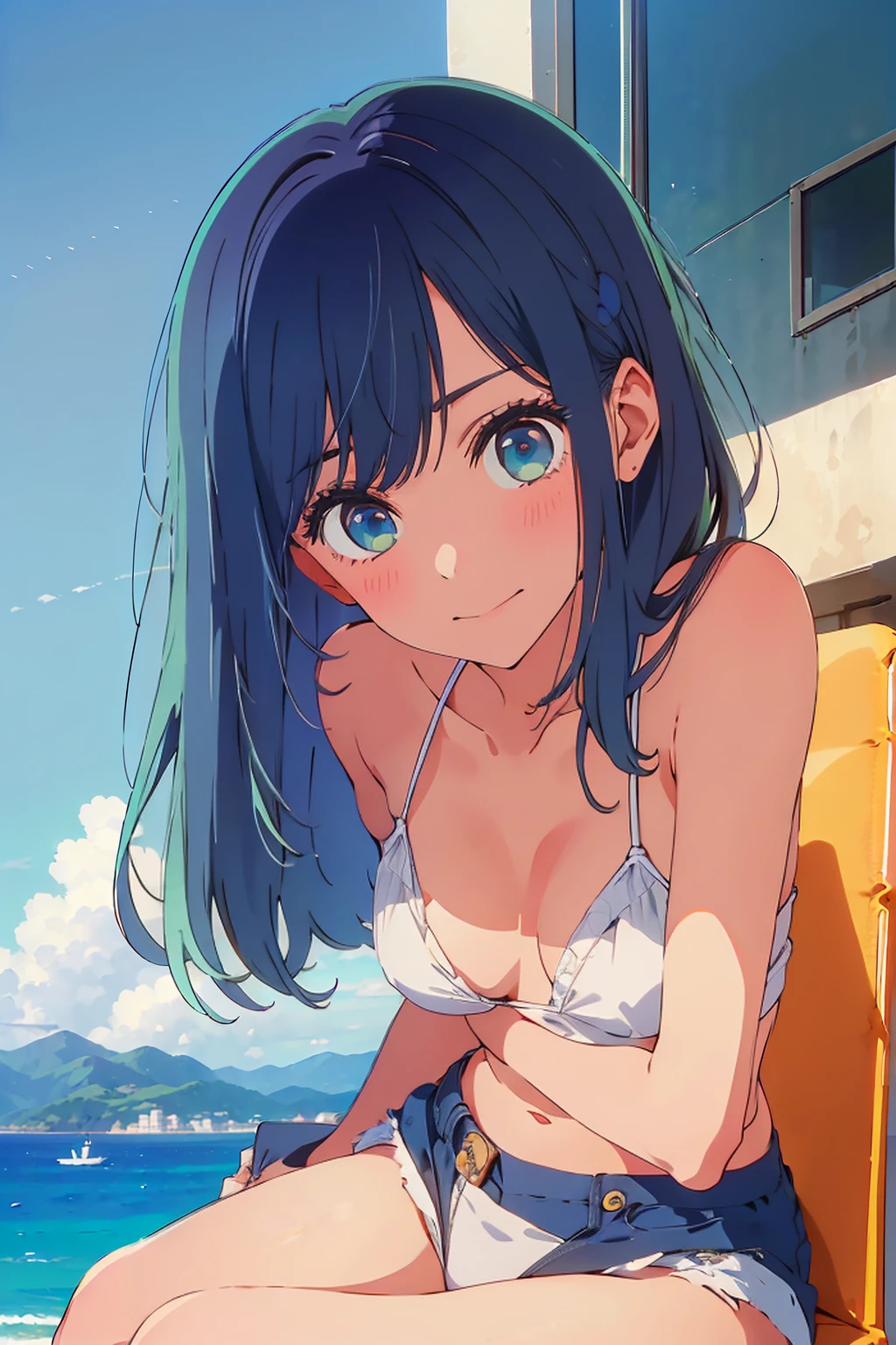 Highest quality,8k,detailed,F cup bust、Big Breasts、Slim and beautiful arms、Slim body、Very white beautiful skin、((((1 person、smile、She is wearing a white side-string high-leg bikini、smile、Sit on a chair、In the background are the urban buildings of Tokyo、Outdoor café terrace、juice、coastal、table、looking at the camera、Very cute face、Best Beautiful Legs、Looking up、Navy hair color))))、Sexy pose、Very blue sky、A completely cloudless sky、She tilted her head slightly、The atmosphere is bright and lively、The woman is at the center of the image。