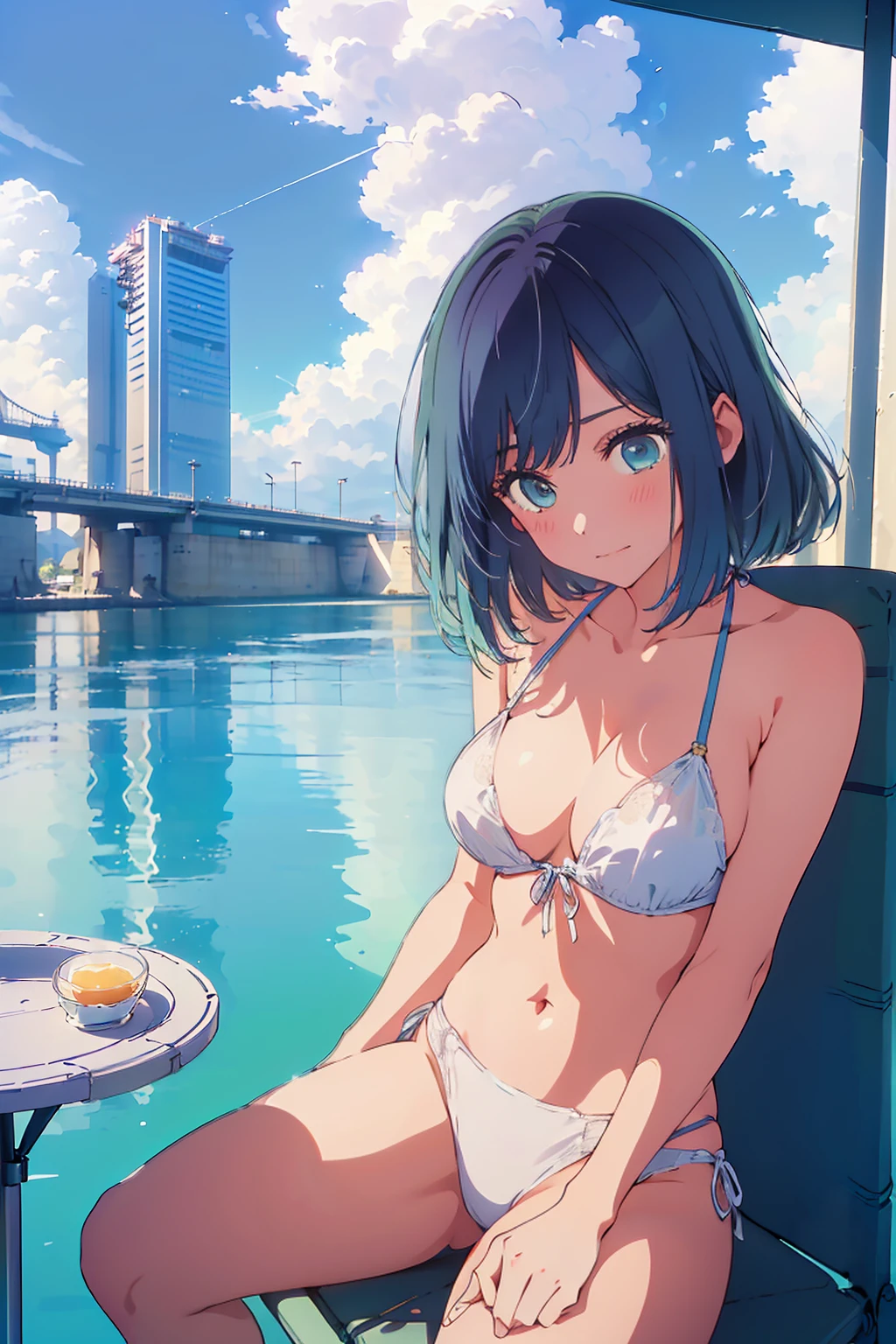 Highest quality,8k,detailed,F cup bust、Big Breasts、Slim and beautiful arms、Slim body、Very white beautiful skin、((((1 person、smile、She is wearing a white side-string high-leg bikini、smile、Sit on a chair、In the background are the urban buildings of Tokyo、Outdoor café terrace、juice、coastal、table、looking at the camera、Very cute face、Best Beautiful Legs、Looking up、Navy hair color))))、Sexy pose、Very blue sky、A completely cloudless sky、She tilted her head slightly、The atmosphere is bright and lively、The woman is at the center of the image。