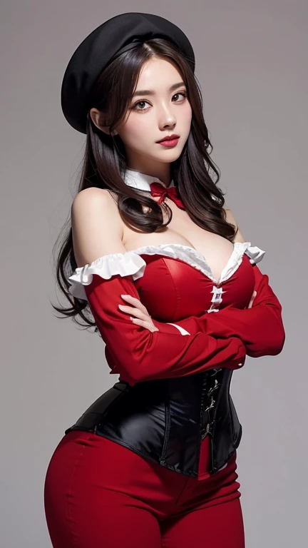 Beauty,Maid,With sleeves,whole body,The upper body is a black corset and red clothes,The lower half is wearing red pants.,Long hair covering one eye,Wearing a beret