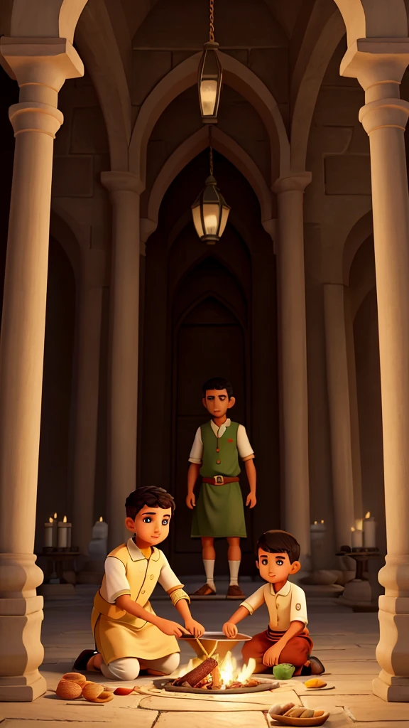 Illustration with nuances of the Eid al-Adha holiday atmosphere with young men in Muslim clothes slaughtering sacrificial animals and mothers and children wearing Muslim clothes cooking sacrificial meat