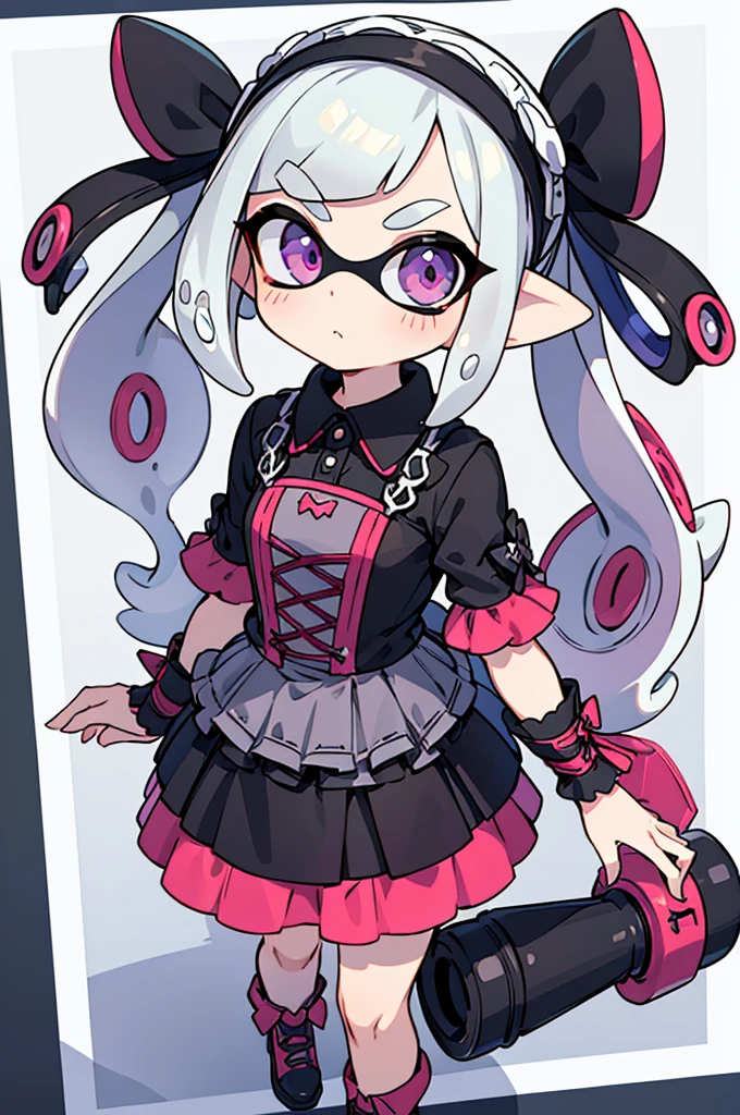 masterpiece、High resolution、Real Anime、3d、whole body, 1. Splatoon Girl, Floating seating, ((Pink hello,)) Purple tentacle hair, ((Messy Hair)), (((Messy Hair))), ((Big twin tails)), ((Blunt bangs)), Big black hair ribbon, Golden Eyes、A slightly thinner face、blush、Big smile with open mouth, gigantic breast、White gothic sweater with chest window, Black harness on chest, Chest Harness, Belt on chest, long black claws, fashion (((Pink Skirt))), The skirt is pale pink, Inconsistency thigh high stockings, It has cute purple wings on its back, Bandageで, Bandage, Cleavage_cut out, Inconsistency_Legwear, asymmetrical_Legwear, Until death