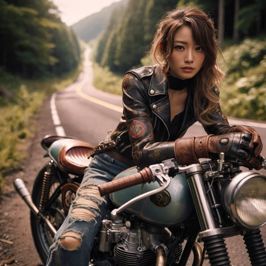 1950s, cafe racer, Japanese woman, riders wear, beautiful face, torn pants, very intricate details, metallic paint, single road in wilderness, realistic photo, taken with Fuji film X-T30+Nokton. HDR10