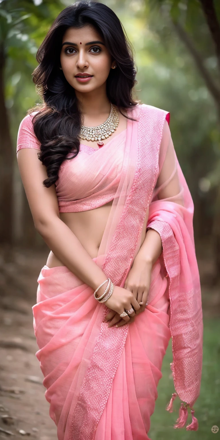 Really hot Indian bhabhi in pink sari 8k hyperrealstic full detailed teasing flirting , curvy, hot figure, 
